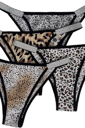 Women's 4 Pack Leopard Cheetah Print Thongs Glitter High Cut Briefs Panties Underwear