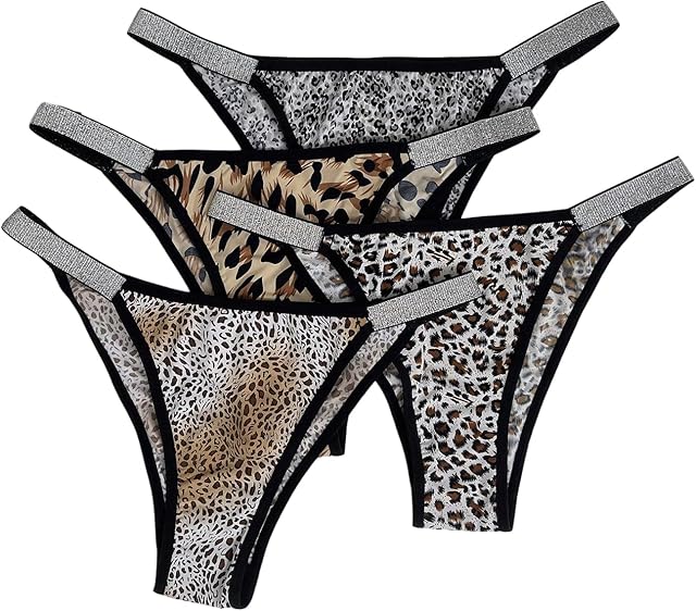 Women's 4 Pack Leopard Cheetah Print Thongs Glitter High Cut Briefs Panties Underwear