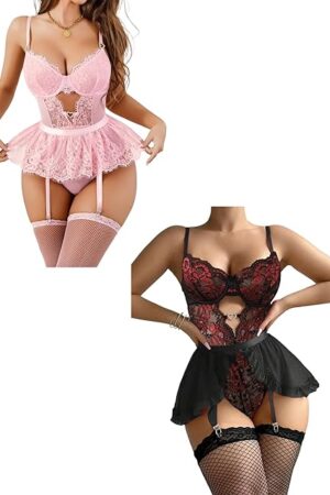 Hot Sexy Lingerie For Women Red Sexy Lingerie For Women With Garters Lace Teddy Bodysuit Stockings