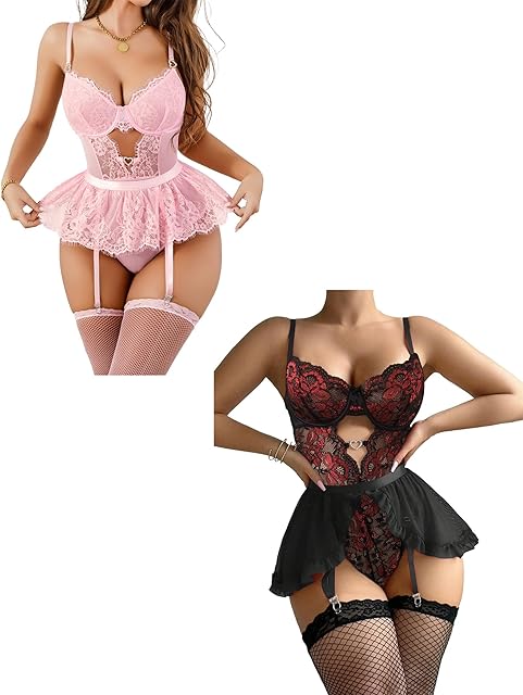 Hot Sexy Lingerie For Women Red Sexy Lingerie For Women With Garters Lace Teddy Bodysuit Stockings
