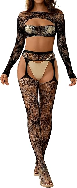 Women's Lingerie Set Front Open Mesh Bodysuit with Fishnet Garter Stocking 2 Pieces Pajamas Set