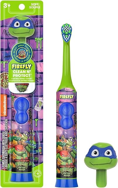 Firefly Clean N' Protect Teenage Mutant Ninja Turtles Power Toothbrush with 3D Character Cover, Soft Bristles, Battery Included, Ages 3+, 1+1