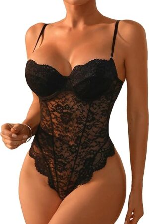Women's Lace Scalloped Trim Underwire Lingerie Teddy Babydoll Bodysuit