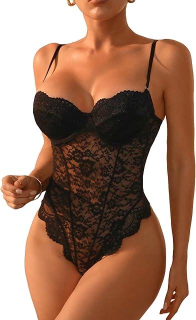 Women's Lace Scalloped Trim Underwire Lingerie Teddy Babydoll Bodysuit