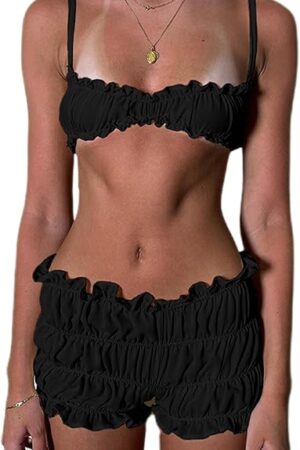 Women Leopard Lingerie Shorts Sets 2 Piece Cheetah Pajamas Spaghetti Strap Ruffle Bralet Panty Smocked Bloomers