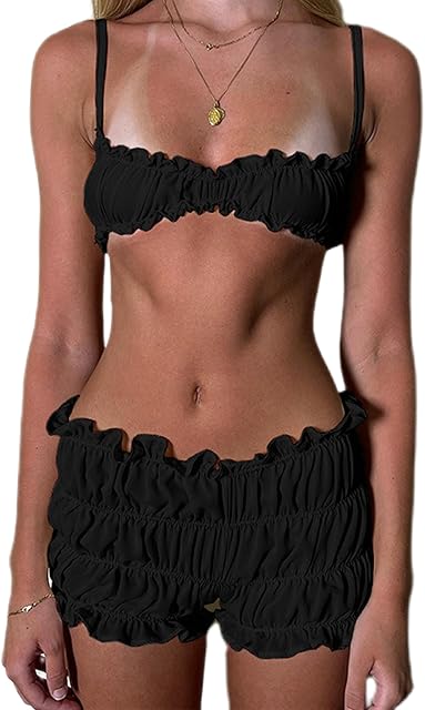 Women Leopard Lingerie Shorts Sets 2 Piece Cheetah Pajamas Spaghetti Strap Ruffle Bralet Panty Smocked Bloomers