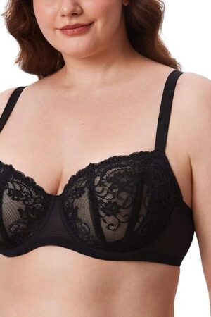 Women's Balconette Lace Bra Plus Size Sexy See Through Unlined Underwire Bras