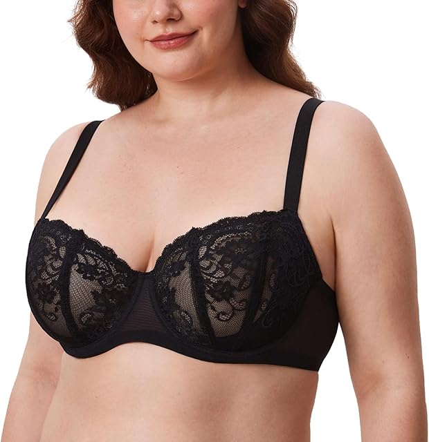 Women's Balconette Lace Bra Plus Size Sexy See Through Unlined Underwire Bras