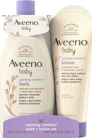 Aveeno Baby Calming Comfort Bath & Body Lotion Set, Nighttime Baby Skin Care Products with Nourishing Oatmeal Plus Relaxing Lavender & Vanilla Scents, Paraben- & Phthalate -Free, 2 Items