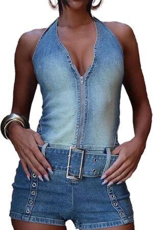 Denim Romper for Women Off the Shoulder Halter V Neck Distressed Stretchy Jean Shorts Bodycon Jumpsuit with Belt