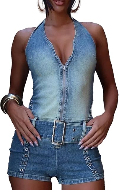 Denim Romper for Women Off the Shoulder Halter V Neck Distressed Stretchy Jean Shorts Bodycon Jumpsuit with Belt