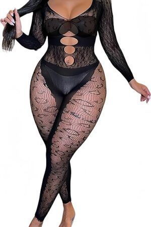 Women Lingeries Fishnet Body Stocking Long Sleeve Leopard Outfit Body Suits Cut Out Jumpsuit