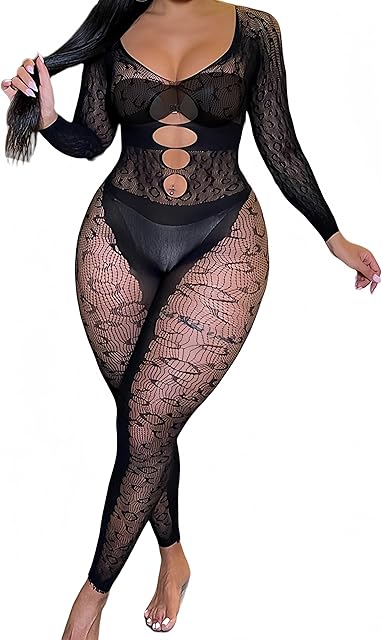 Women Lingeries Fishnet Body Stocking Long Sleeve Leopard Outfit Body Suits Cut Out Jumpsuit