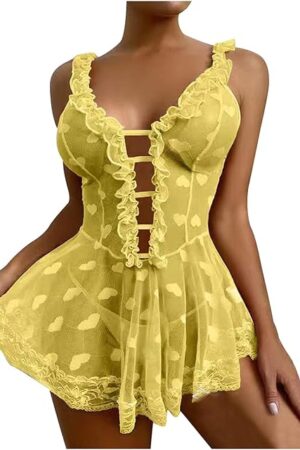 Women Lace Babydoll Lingerie Skirt Sets Sexy Heart Mesh See Through Sleepwear Cut Out Ruffle Chemise Nightgown