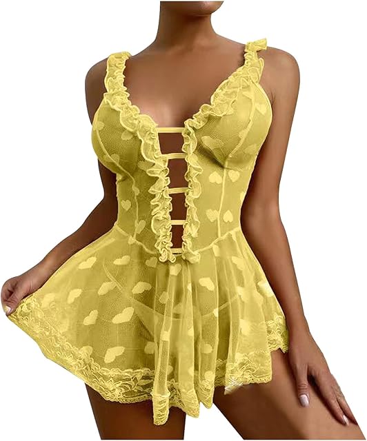Women Lace Babydoll Lingerie Skirt Sets Sexy Heart Mesh See Through Sleepwear Cut Out Ruffle Chemise Nightgown