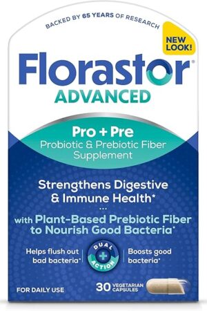 Florastor Select Pro+Pre Daily Probiotic and Prebiotic Supplement for Women and Men, Boosts Good Bacteria, Saccharomyces Boulardii CNCM I-745 (30 Capsules) (Pack of 1)