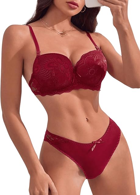 Women's Floral Lace Bra and Matching Panty Lingerie Set