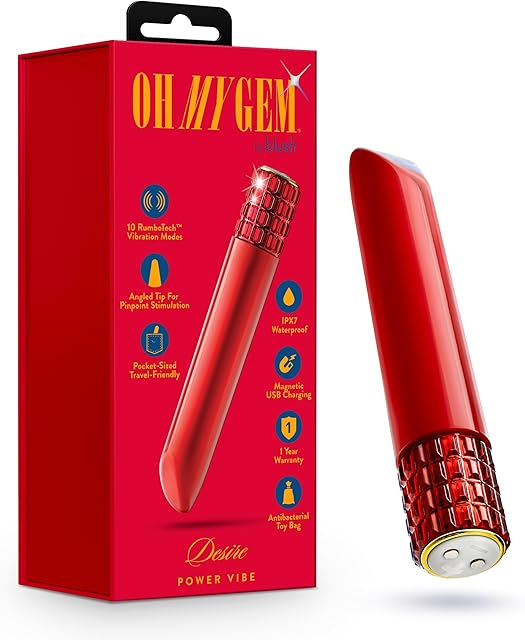 Blush Sex Toys - Oh My Gem Bold Power Vibe - Gem Base Bullet Vibrator - 5 Inch - 10 RumboTech Vibration Modes - Clitoral g-Spot Nipple Stimulator - Waterproof Mini Massager for Women & Couples - Red