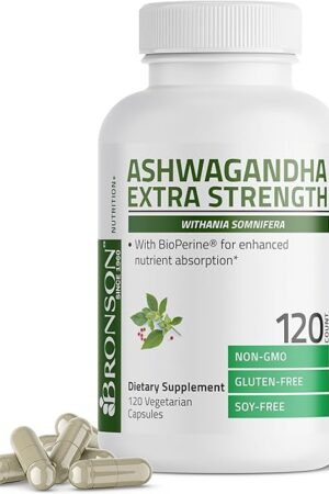 Bronson Ashwagandha Extra Strength Stress & Mood Support with BioPerine - Non GMO Formula, 120 Vegetarian Capsules