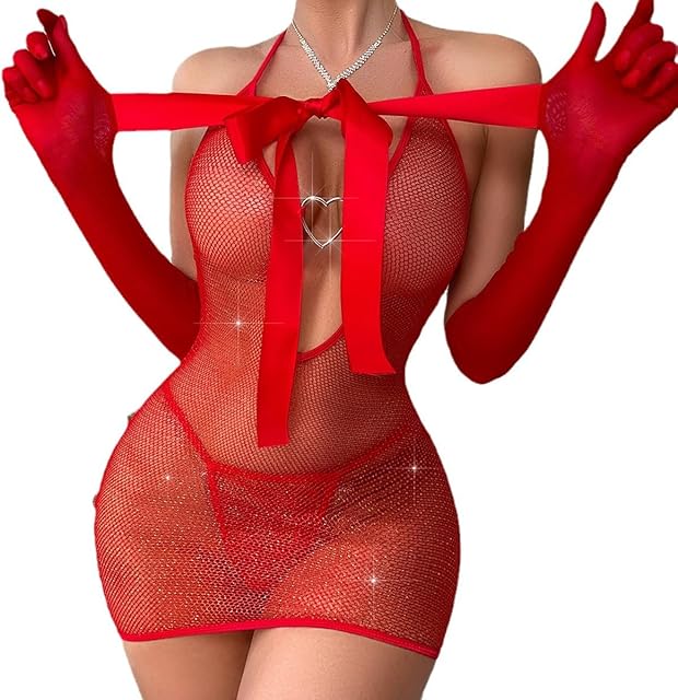 Women Sexy Christmas Lingerie Red Valentines Fishnet Dress with Gloves Ribbon