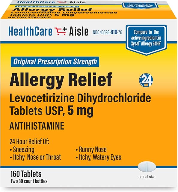 HealthCareAisle Allergy Relief - Levocetirizine Dihydrochloride Tablets USP, 5 mg, 160 Tablets, Original Prescription Strength Allergy Medication, 24-Hour Relief, 80 Count (Pack of 2)