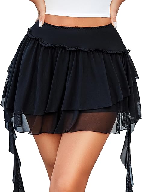 Women's Pleated Mini Skirt Mesh Layered Ruffled Skirt Casual Ruffles Flowy Hem S-XXL