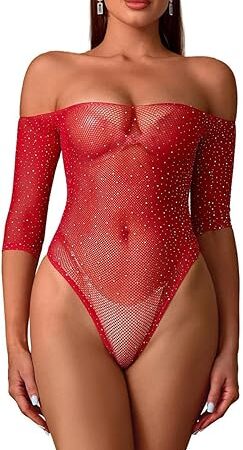 Women's Sexy Bodysuit Rhinestone Long Sleeve Fishnet Teddy Lingerie Strapless Dress Tops Sexy Outfits