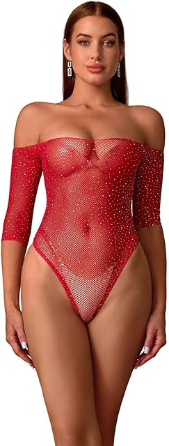 Women's Sexy Bodysuit Rhinestone Long Sleeve Fishnet Teddy Lingerie Strapless Dress Tops Sexy Outfits
