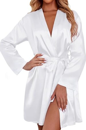 Women's Satin Robe Short Bridesmaid Bride Feather Bridal Robe Kimono Silky Long Sleeve Bathrobe S-XXL