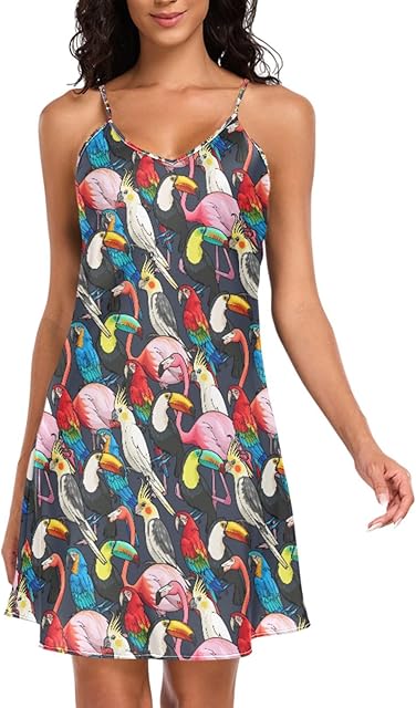 Womens Satin Nightgown Spaghetti Strap Colorful Exotic Birds Sleepwear Sexy V Neck Lingerie Dress Nightwear
