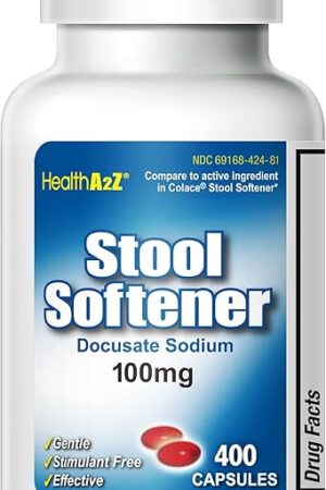 HealthA2Z? Stool Softener | Docusate Sodium 100mg | Red Capsules | Dependable | Gentle Constipation Relief (400 Counts (Pack of 1))