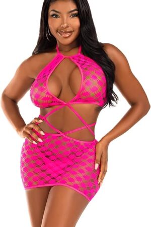 womens Keyhole Halter Hardcore Net Mini Dress