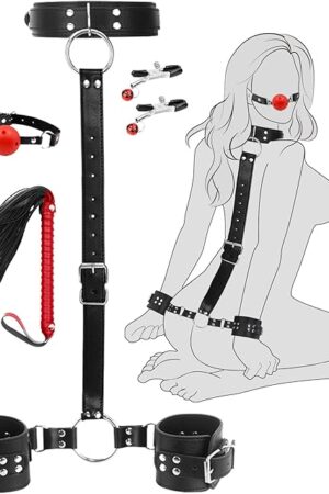 Bondage Neck to Wrist Restraints Sex Toys, BDSM Couple Handcuffs Collar Adjustable with Nipple Clamps Ball Gag Sex Whip, Sex Bondage Set Adult Toys for Couples