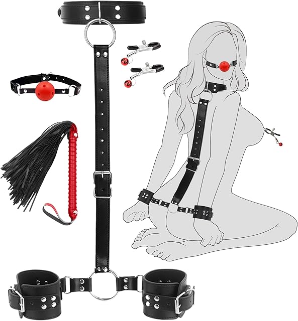 Bondage Neck to Wrist Restraints Sex Toys, BDSM Couple Handcuffs Collar Adjustable with Nipple Clamps Ball Gag Sex Whip, Sex Bondage Set Adult Toys for Couples