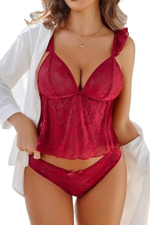Lace Lingerie Set Women's Sexy Bra And Panty Sets Cami Top With Cheeky Underwear 2 Pcs Pjs Sets S-XXL