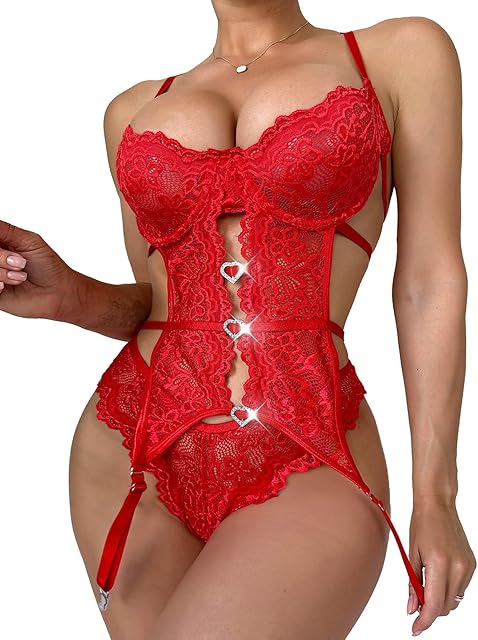 Women's Lace Lingerie Set Babydoll Bodysuit with Garter Belt (Red, Medium)