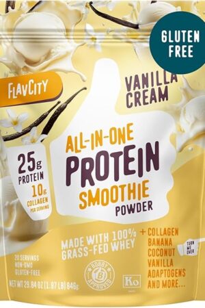 FlavCity Grass Fed Whey Protein Powder - Vanilla Smoothie - 25g Protein & 10g Collagen - Made with Real Vanilla Bean & Organic Coconut Milk - Gluten Free & No Added Sugars (20 Servings)