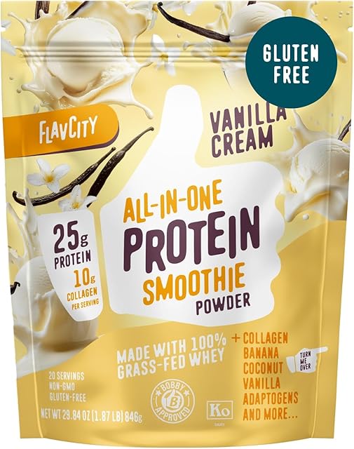 FlavCity Grass Fed Whey Protein Powder - Vanilla Smoothie - 25g Protein & 10g Collagen - Made with Real Vanilla Bean & Organic Coconut Milk - Gluten Free & No Added Sugars (20 Servings)