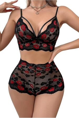 Women's 2 Piece Sexy Lace Lingerie Sets Heart Lip Graphic Bralette Boyshorts Set Nightwear