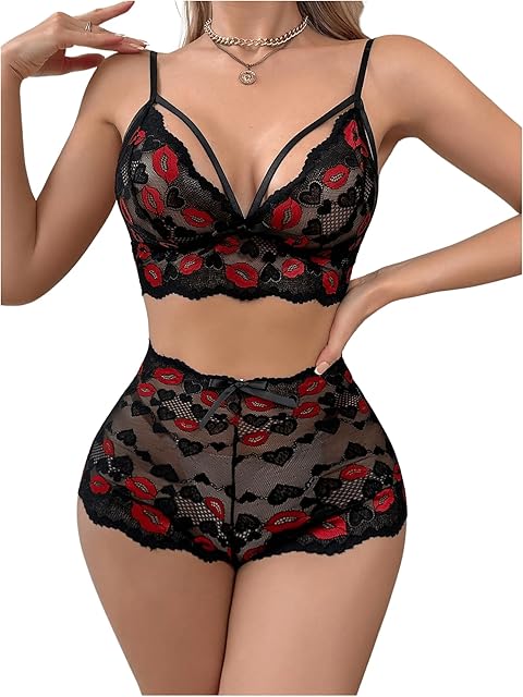 Women's 2 Piece Sexy Lace Lingerie Sets Heart Lip Graphic Bralette Boyshorts Set Nightwear