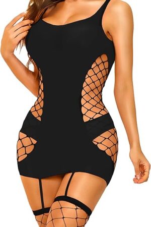 Babydoll Lingerie for Women Chemise - Fishnet Bodysuit Womens Sleepwear with Stocking Sexy Dress Bodystocking One Size