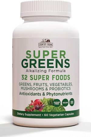COUNTRY FARMS Super Greens Vegicaps, 32 Super Foods, Whole Food Supplement, Greens, Fruit, Vegetables, Mushrooms & Probiotics, Rich in Antioxidants & Phytonutrients, 60 Count, 30 Servings