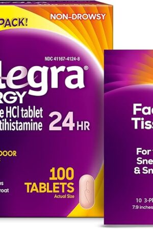 Allegra Adult 24-Hour Allergy Relief Tablets with Bonus Tissue Pack, Non-Drowsy Indoor and Outdoor Allergy Medicine, 180 mg Fexofenadine HCI Antihistamine Pill, 100-Count