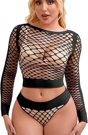 Women Sexy Mesh Lingerie Fishnet Tops Bodysuit Plus Size Shirts Long Sleeve Two Piece Outfits