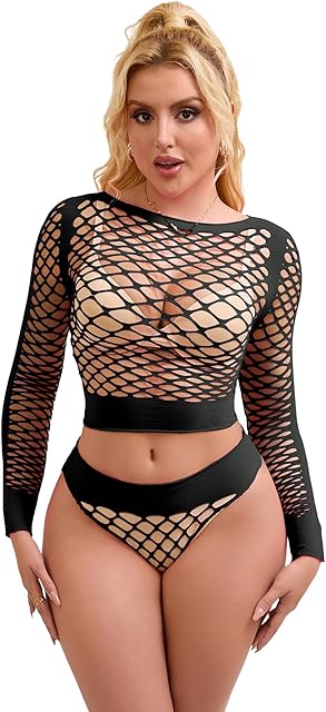 Women Sexy Mesh Lingerie Fishnet Tops Bodysuit Plus Size Shirts Long Sleeve Two Piece Outfits