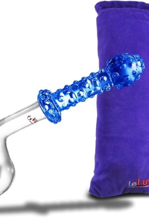 LeLuv Slim Glass Juicer Plug Crank Handle Dildo Pearls Anal Up Blue with Premium Padded Pouch