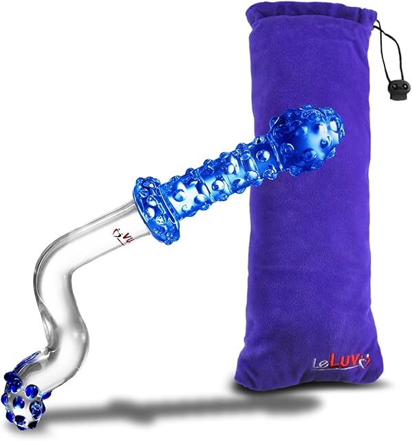 LeLuv Slim Glass Juicer Plug Crank Handle Dildo Pearls Anal Up Blue with Premium Padded Pouch
