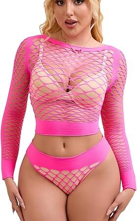 Fishnet Bodysuit for Women Long Sleeve See Through Lingerie Sets Sexy Fishnet Shirt Sheer Crop Top and Panty Set