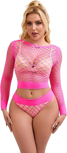 Fishnet Bodysuit for Women Long Sleeve See Through Lingerie Sets Sexy Fishnet Shirt Sheer Crop Top and Panty Set