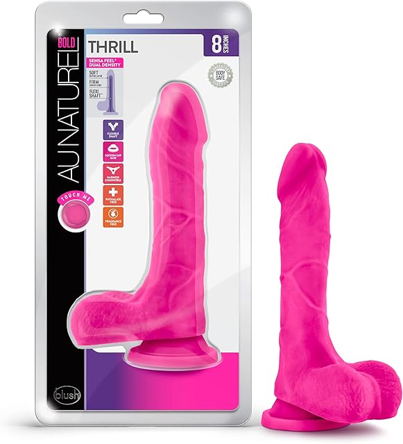 Blush Novelties Au Naturel Bold Thrill 8.5 Inch Realistic Dual Density Dildo - Soft and Firm with Strong Suction Cup Base - Lifelike Penis for Vaginal and Anal Play - Adult Sex Toy for Women - Pink